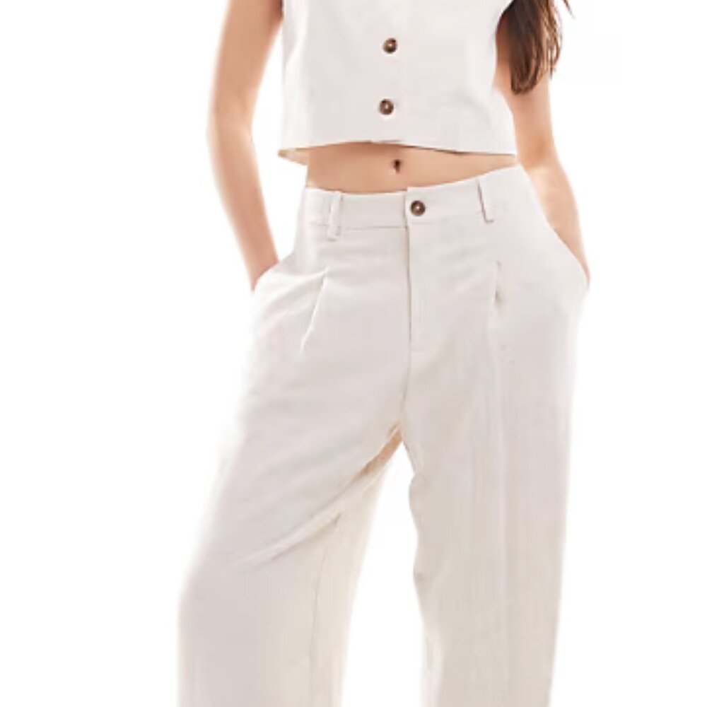 ASOS Pants Womens‎ 14 Beige Pleated Wide Leg High Rise Boho Linen Blend